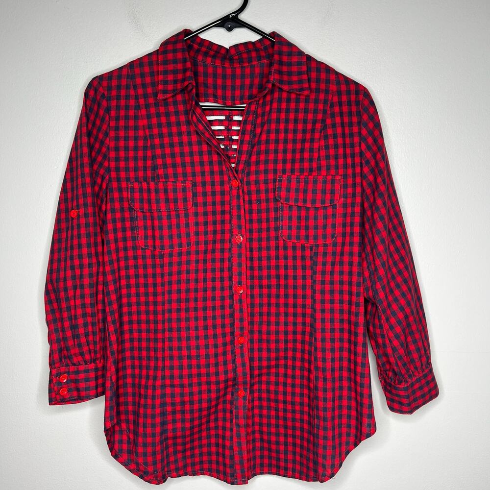 Women's Buffalo Plaid Shirt Cutout and Braided Back Sz L Button Front Collar
